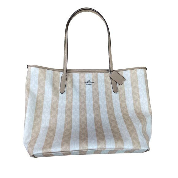 Coach sig city womans large beige striped canvas leather tote bag NWT SKU 9120 - Picture 1 of 16